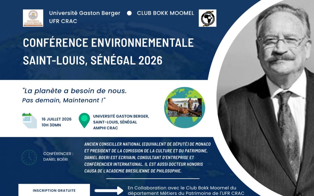 Conférence environnementale par Daniel Boeri le 16 juillet 2026 à Saint-Louis, Sénégal